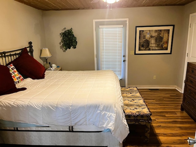 bedroom featuring wooden ceiling and wood-type flooring