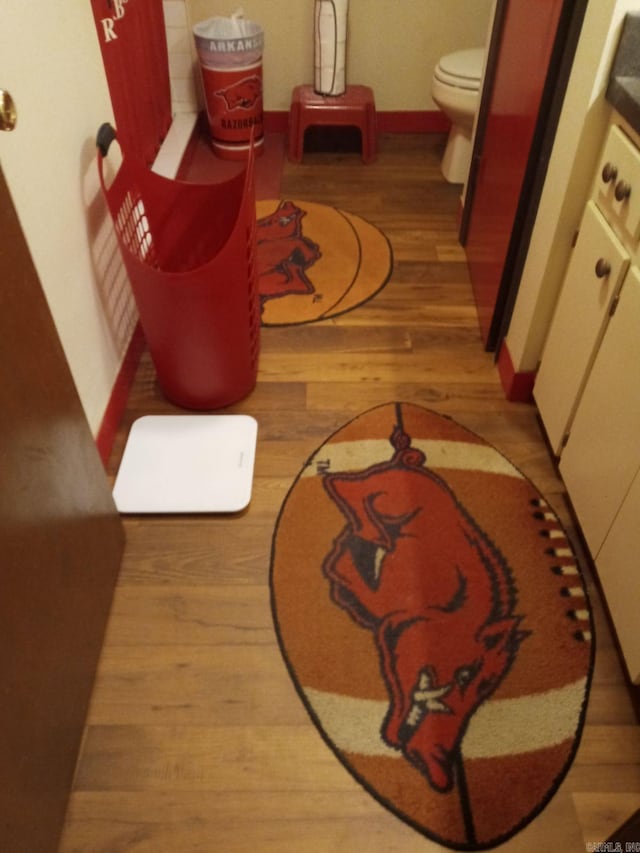 interior space featuring hardwood / wood-style floors, toilet, and vanity