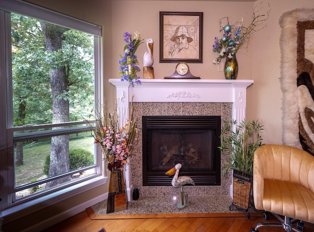 interior details featuring hardwood / wood-style floors and a tiled fireplace