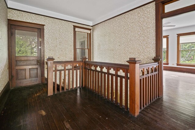 corridor featuring wallpapered walls, hardwood / wood-style flooring, an upstairs landing, and crown molding