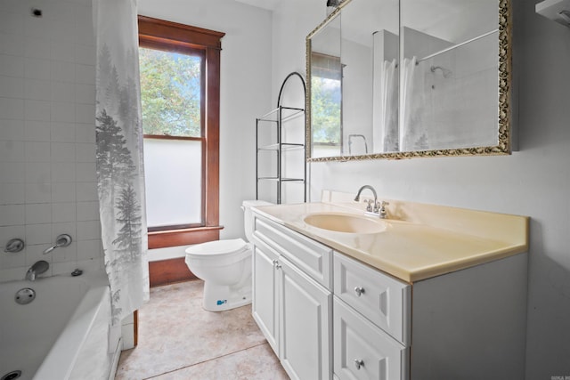 full bathroom with tile patterned floors, vanity, shower / bath combo, and toilet