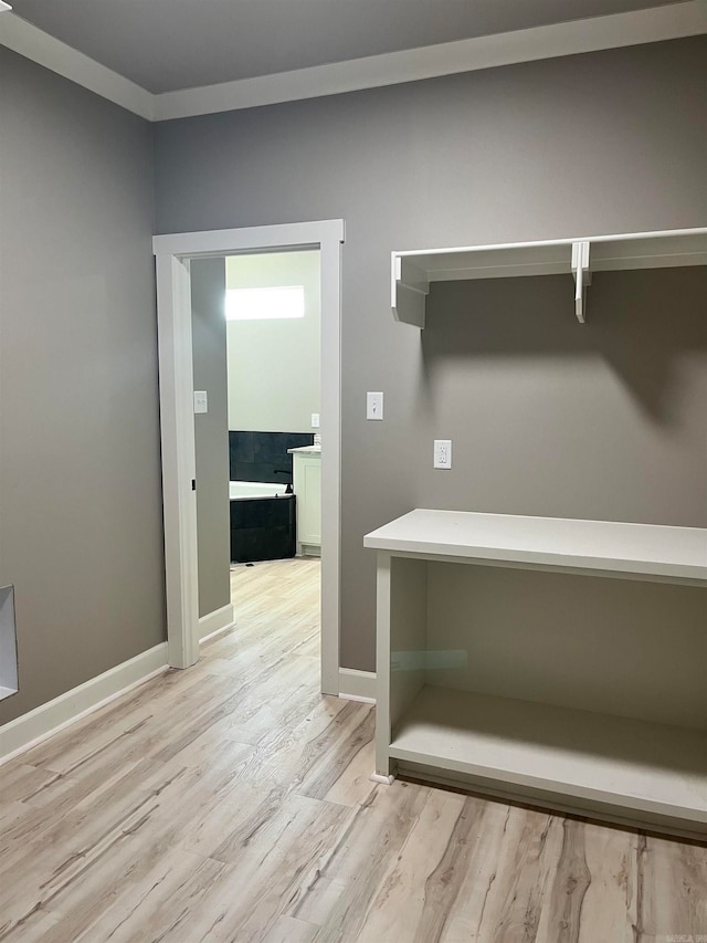 interior space featuring light wood-type flooring and crown molding