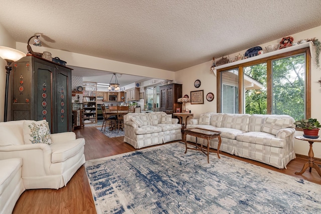 living room featuring a textured ceiling and dark hardwood / wood-style flooring