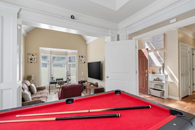 game room featuring crown molding, hardwood / wood-style flooring, billiards, and lofted ceiling