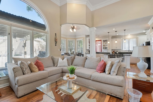 living room featuring decorative columns, light hardwood / wood-style floors, a high ceiling, and ornamental molding