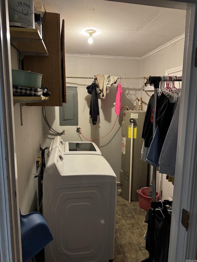 washroom featuring ornamental molding, independent washer and dryer, electric panel, and electric water heater