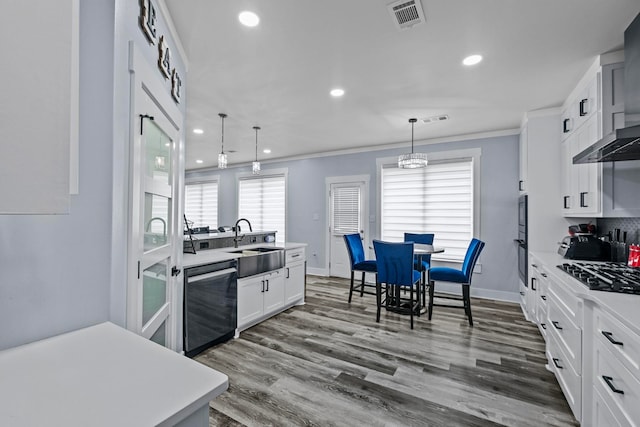 kitchen with decorative light fixtures, dark hardwood / wood-style floors, sink, white cabinetry, and appliances with stainless steel finishes