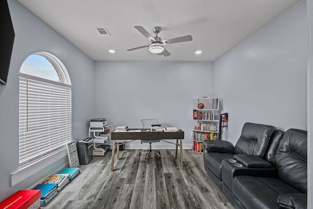 interior space featuring ceiling fan and wood-type flooring