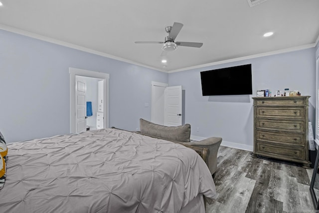 bedroom featuring ceiling fan, crown molding, and hardwood / wood-style floors