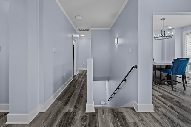 hall with dark wood-type flooring, a chandelier, and ornamental molding