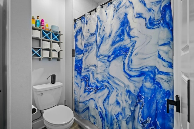 bathroom featuring toilet and a shower with shower curtain