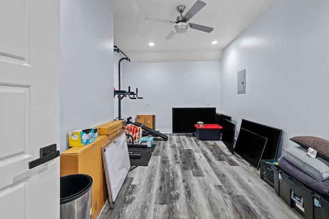 interior space featuring ceiling fan, electric panel, and hardwood / wood-style floors