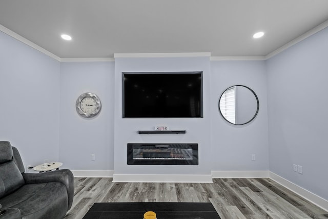 living room with ornamental molding and hardwood / wood-style flooring