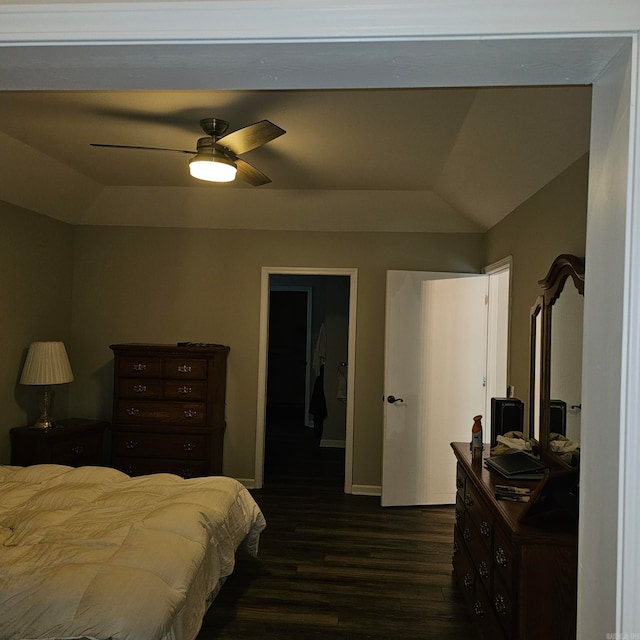 bedroom featuring a walk in closet, ceiling fan, and dark wood-type flooring