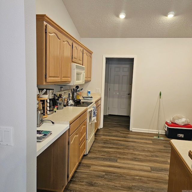 kitchen featuring range, a textured ceiling, dark hardwood / wood-style flooring, and vaulted ceiling