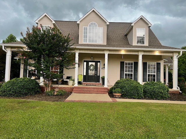 view of front facade featuring covered porch and a front lawn