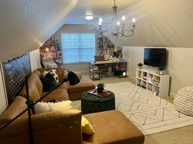 living room featuring a textured ceiling, light carpet, lofted ceiling, and a notable chandelier