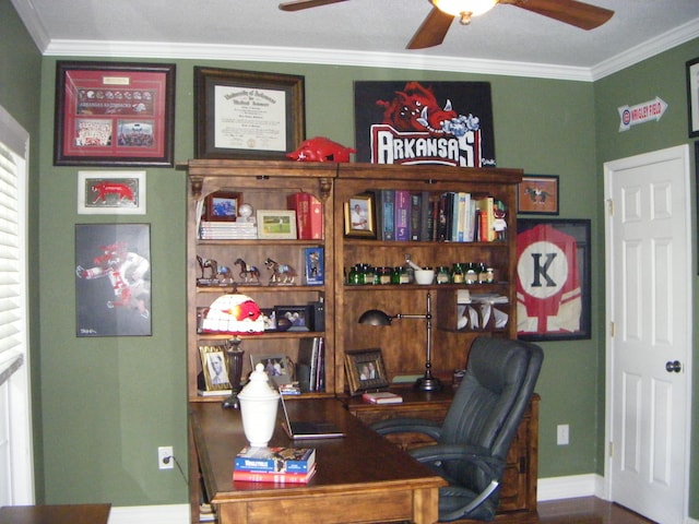 office area with ceiling fan and ornamental molding