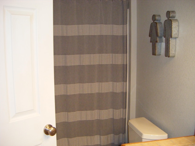 bathroom with toilet and a shower with shower curtain