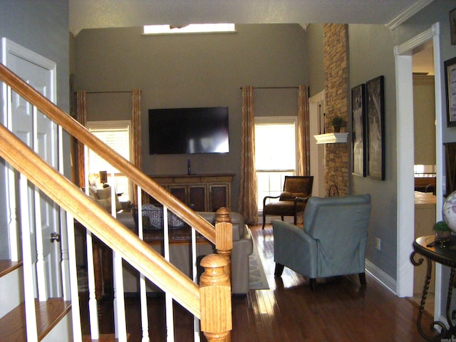 living room with dark hardwood / wood-style floors