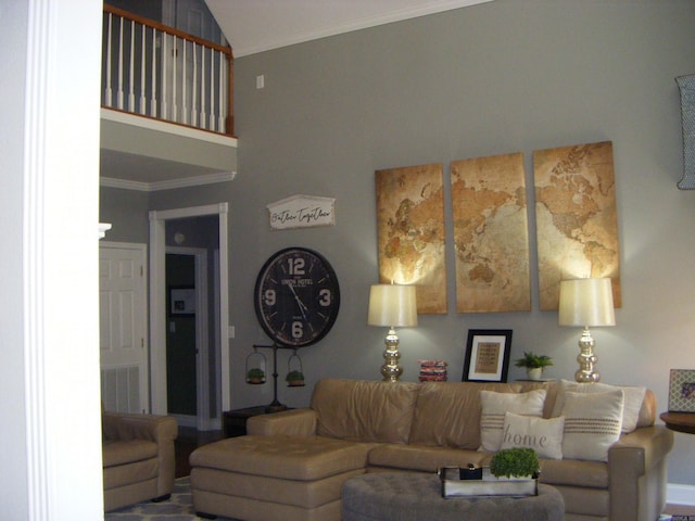 living room with ornamental molding and vaulted ceiling