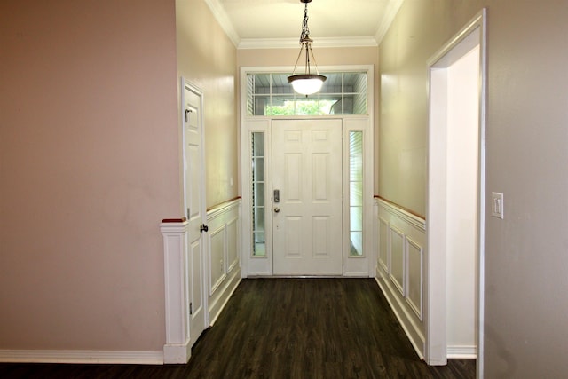 entrance foyer with crown molding and dark hardwood / wood-style flooring