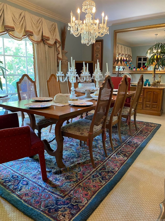 400 Neill Rd, Helena, AR 72342 - carpeted dining area with a notable chandelier and crown molding