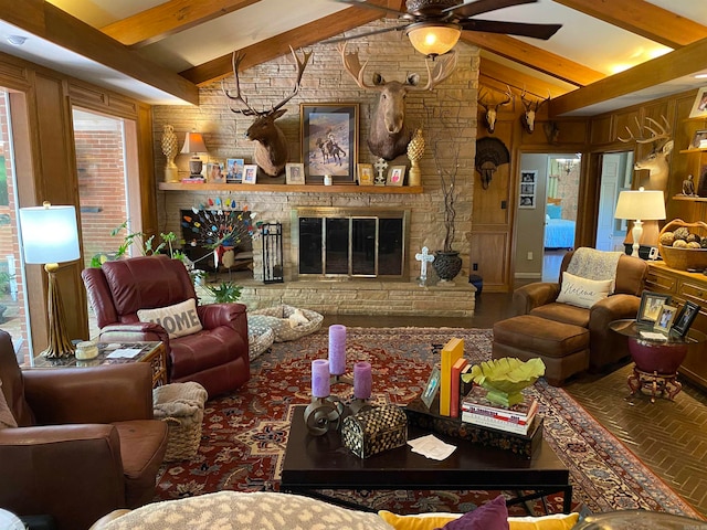 400 Neill Rd, Helena, AR 72342 - living room with a fireplace, vaulted ceiling with beams, and ceiling fan
