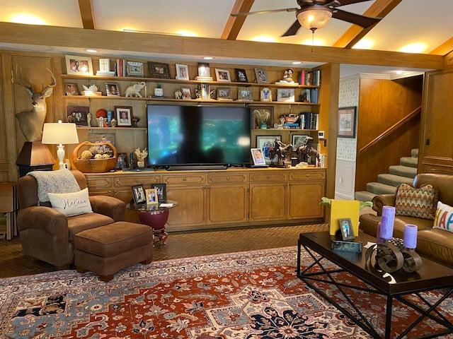 400 Neill Rd, Helena, AR 72342 - living room featuring beam ceiling, built in shelves, and ceiling fan