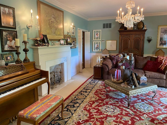 400 Neill Rd, Helena, AR 72342 - living room with light carpet, crown molding, and a chandelier