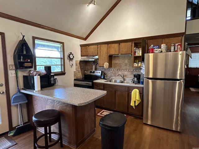 kitchen featuring under cabinet range hood, stainless steel appliances, a breakfast bar, a peninsula, and a sink