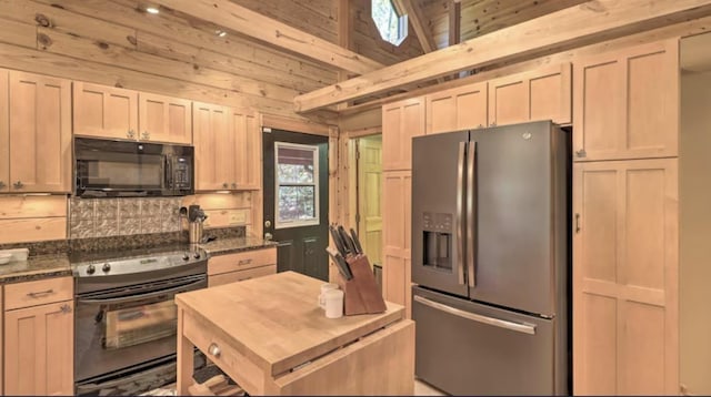 kitchen featuring wooden ceiling, sink, light brown cabinetry, and black appliances