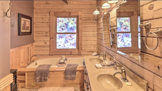 carpeted bedroom featuring ceiling fan, beamed ceiling, and wooden walls