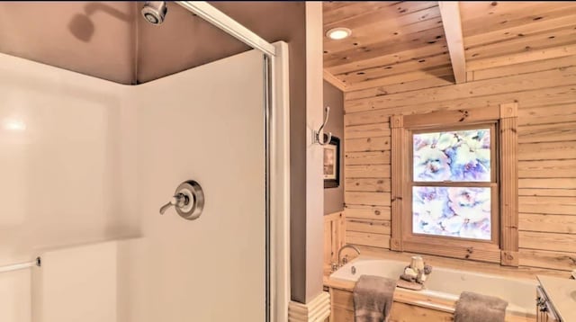 carpeted bedroom featuring access to exterior, beamed ceiling, and wood walls