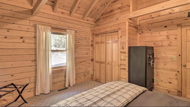 bathroom with wooden ceiling, wood walls, and shower with separate bathtub