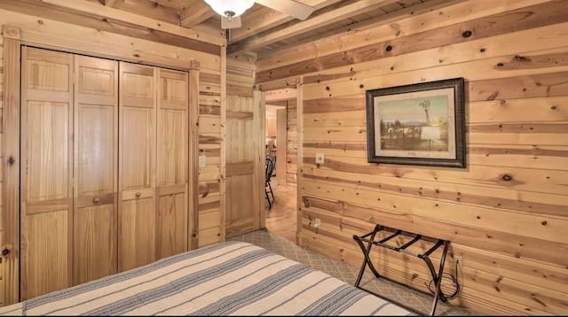 full bathroom with shower / tub combo, beam ceiling, wooden ceiling, toilet, and vanity