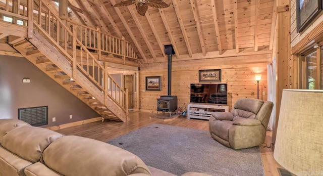 living room with hardwood / wood-style floors, wood ceiling, wooden walls, high vaulted ceiling, and beam ceiling