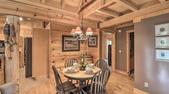 living room with hardwood / wood-style flooring, wood ceiling, high vaulted ceiling, wood walls, and beamed ceiling