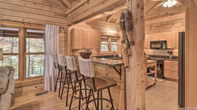 living room with high vaulted ceiling, a wood stove, beam ceiling, and wood ceiling