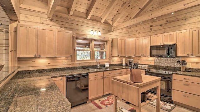 dining space with light hardwood / wood-style floors, wooden walls, beamed ceiling, and an inviting chandelier