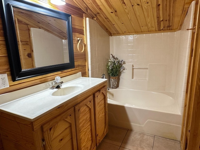 bathroom with vaulted ceiling, tile patterned floors, wooden walls, a bathtub, and wooden ceiling