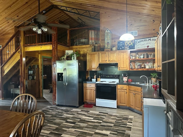 kitchen with wood walls, sink, range with electric stovetop, stainless steel fridge with ice dispenser, and wooden ceiling