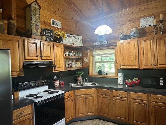 kitchen with range with electric stovetop, stainless steel fridge, ventilation hood, lofted ceiling, and sink