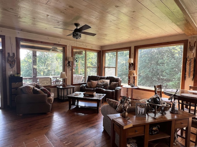 living room featuring wood ceiling, dark wood-type flooring, and ceiling fan