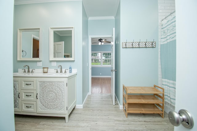 bathroom featuring wood finished floors, double vanity, ornamental molding, and a sink