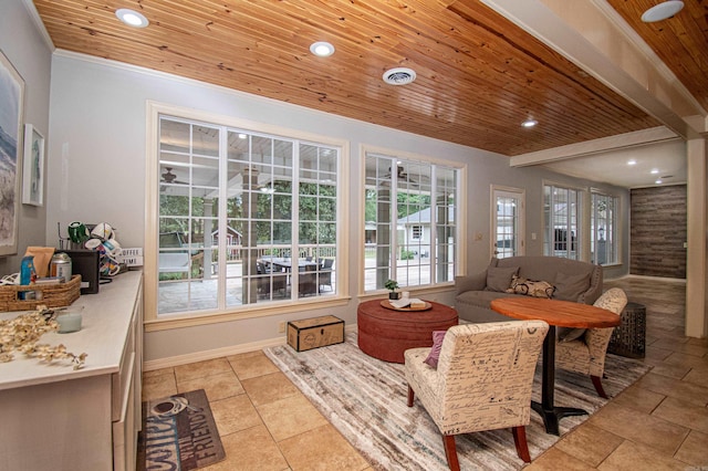 living area featuring recessed lighting, wood ceiling, and light tile patterned floors