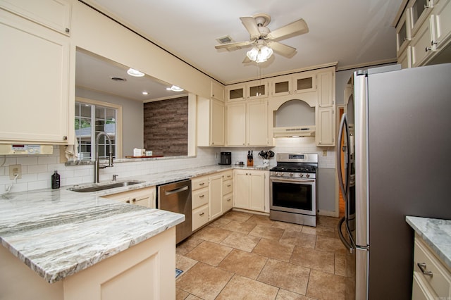 kitchen with tasteful backsplash, appliances with stainless steel finishes, a peninsula, under cabinet range hood, and a sink