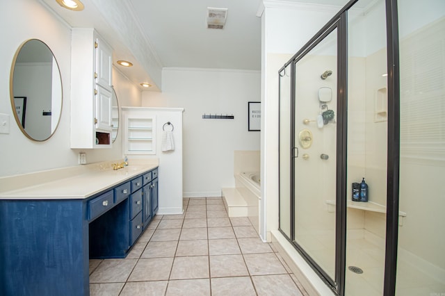 full bathroom featuring tile patterned flooring, vanity, ornamental molding, a bath, and a stall shower