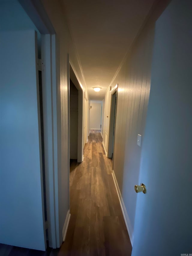 corridor featuring ornamental molding and wood-type flooring