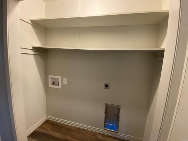 laundry area featuring baseboards, dark wood finished floors, washer hookup, laundry area, and electric dryer hookup